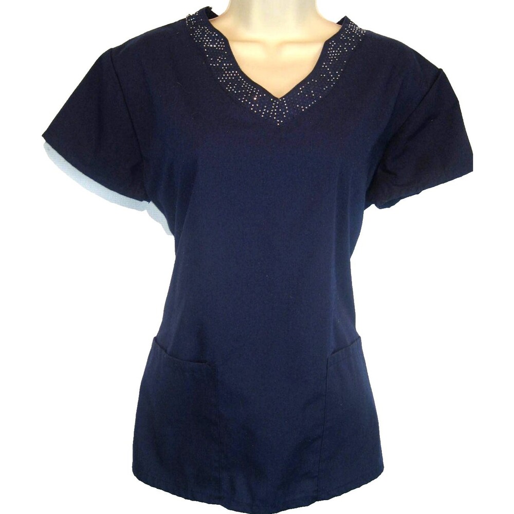 Womens Green Town Navy SS Cotton Medical Scrub Top sz XS